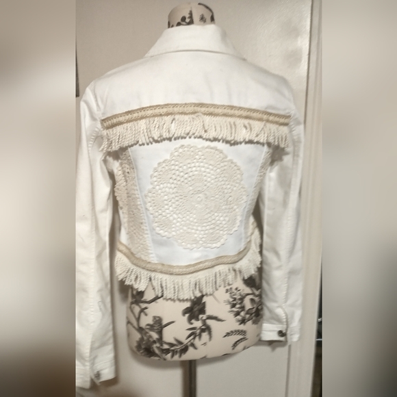 Hand Crafted White and Cream Jean Jacket - Picture 2 of 2